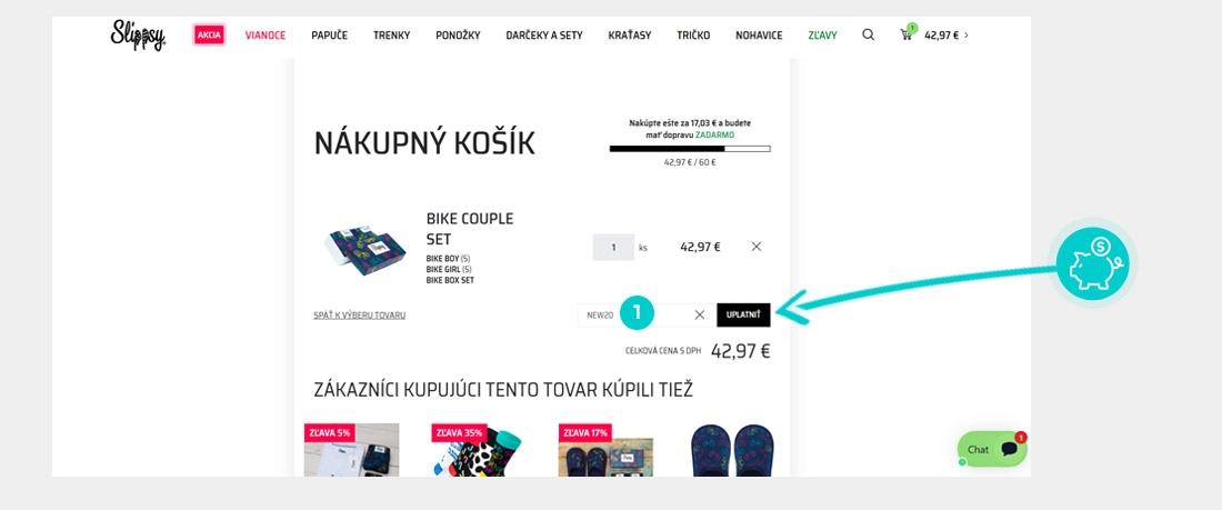 Návod ako uplatniť zľavový kód v košíku e-shopu Slippsy