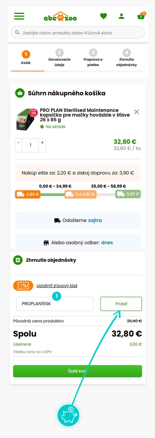 Návod ako uplatniť zľavový kód v košíku e-shopu Abc-zoo
