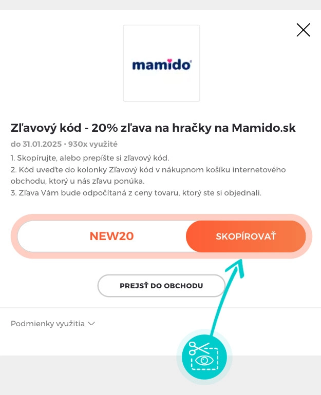 Návod ako skopírovať zľavový kód mamido