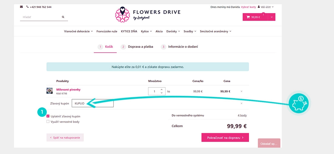 Návod ako uplatniť zľavový kód v košíku e-shopu LaskyKvet