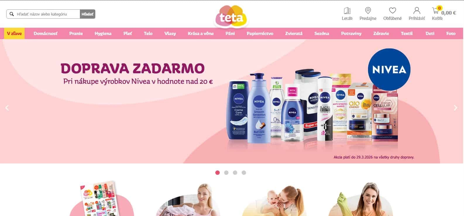 Homepage e-shopu Tetadrogerie.sk, kde sú na ružovom pozadí rôzne produkty značky Nivea