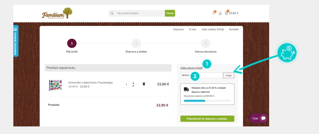 Návod ako uplatniť zľavový kód v košíku e-shopu Familium