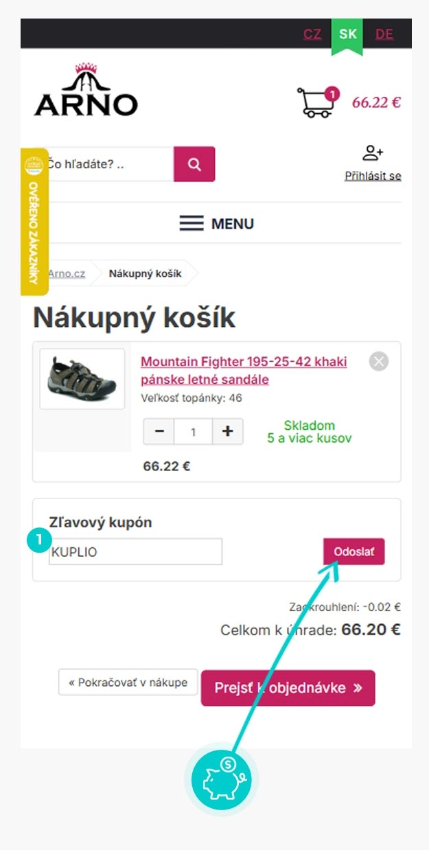 Návod ako uplatniť zľavový kód v košíku e-shopu Arno obuv