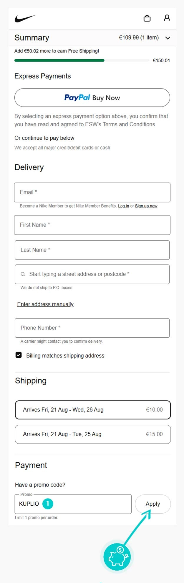Návod ako uplatniť zľavový kód v košíku e-shopu Nike