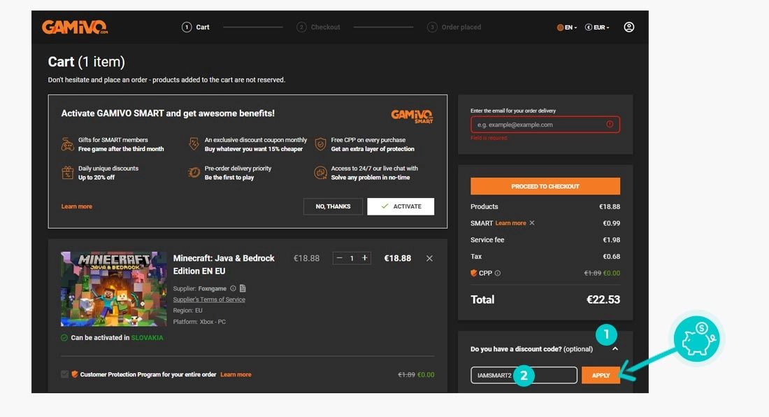 Návod ako uplatniť zľavový kód v košíku e-shopu Gamivo