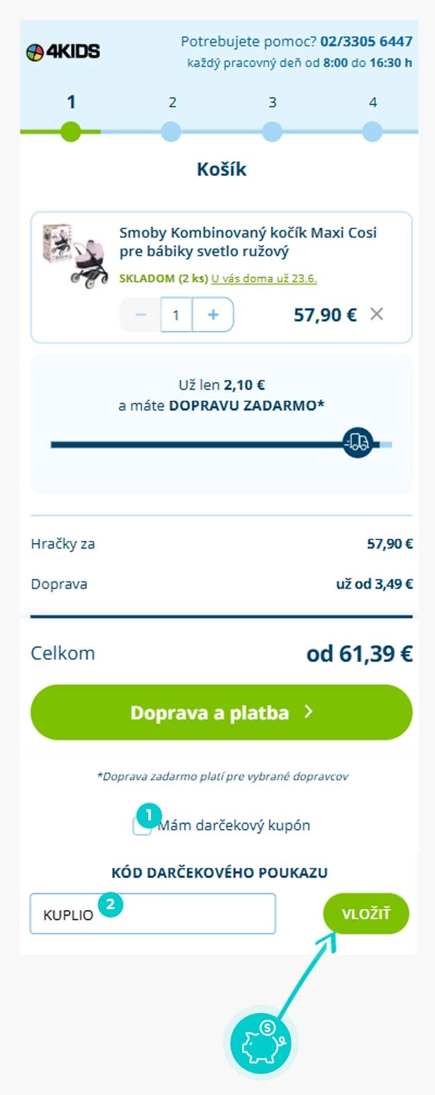 Návod ako uplatniť zľavový kód v košíku e-shopu 4Kids
