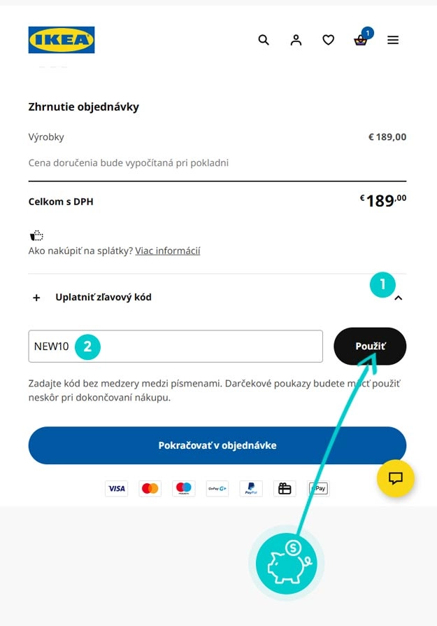 Návod ako uplatniť zľavový kód v košíku e-shopu IKEA