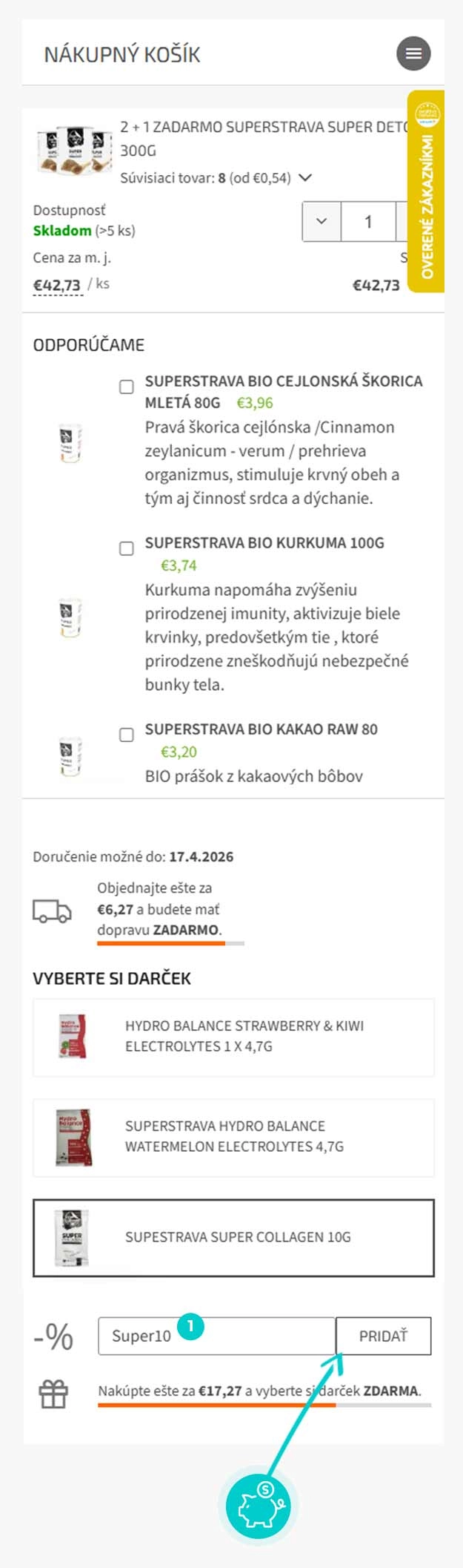 Návod ako uplatniť zľavový kód v košíku e-shopu Superstrava