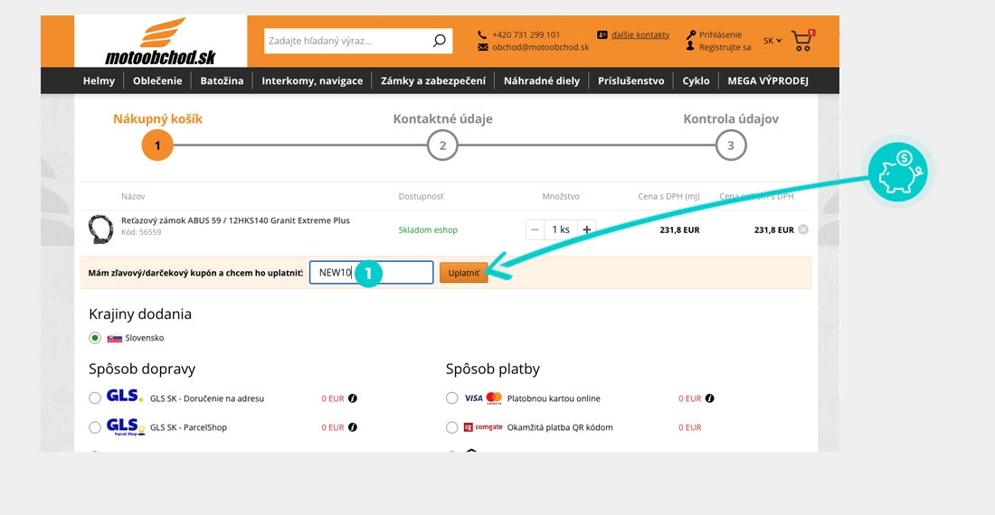 Návod ako uplatniť zľavový kód v košíku e-shopu Motoobchod.sk