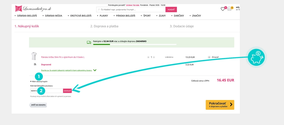 Návod ako uplatniť zľavový kód v košíku e-shopu Luxusnabielizen.sk