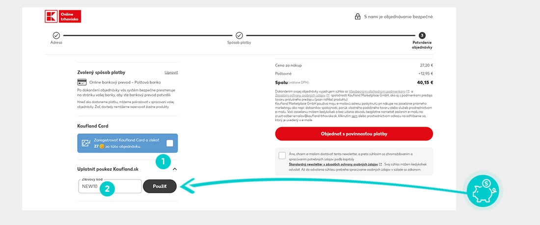 Návod ako uplatniť zľavový kód v košíku e-shopu Kaufland
