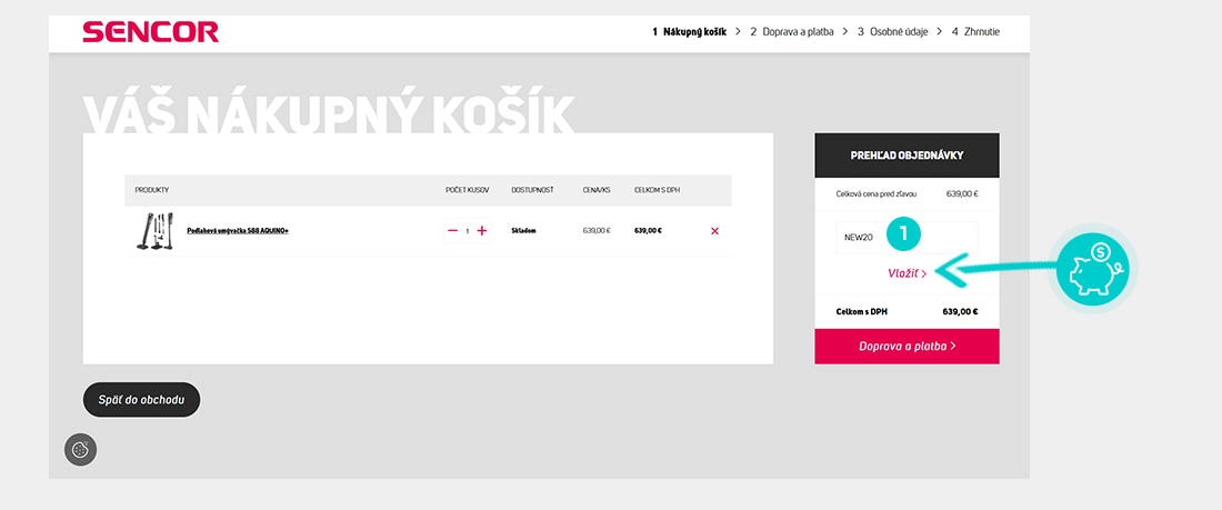 Návod ako uplatniť zľavový kód v košíku e-shopu Sencor