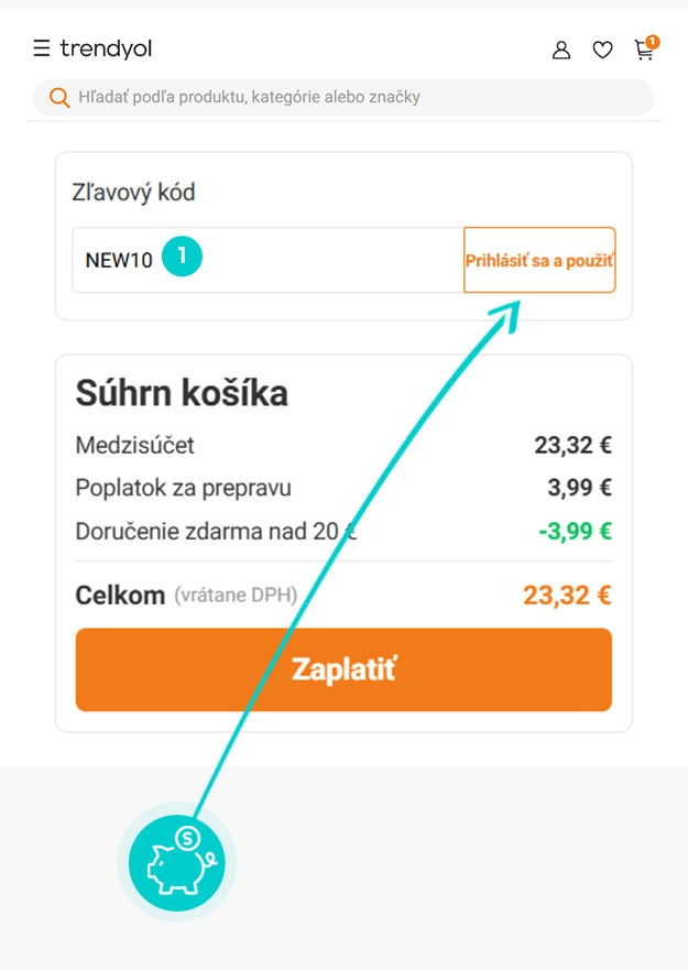 Návod ako uplatniť zľavový kód v košíku e-shopu Trendyol