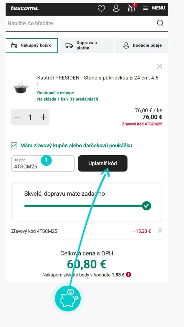 Návod ako uplatniť zľavový kód v košíku e-shopu Tescoma