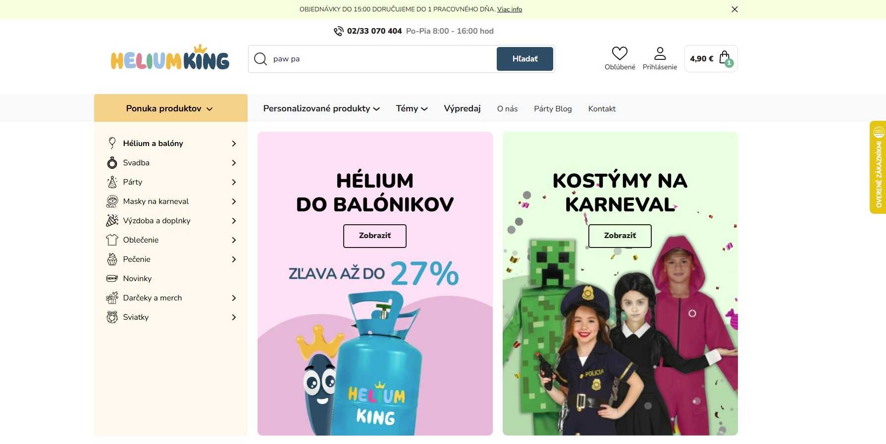 ponuka na webovej stránke Heliumking.sk