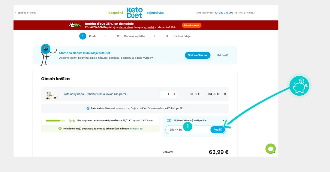 Návod ako uplatniť zľavový kód v košíku e-shopu KetoDiet
