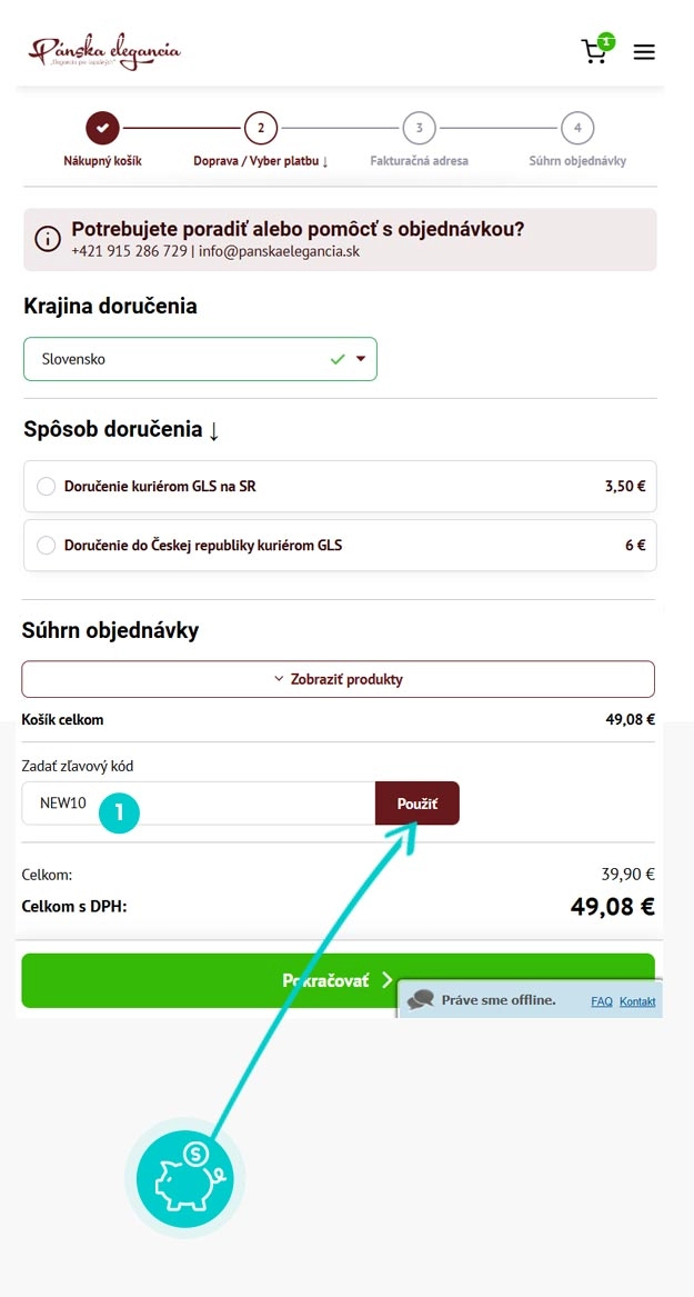 Návod ako uplatniť zľavový kód v košíku e-shopu Pánska elegancia
