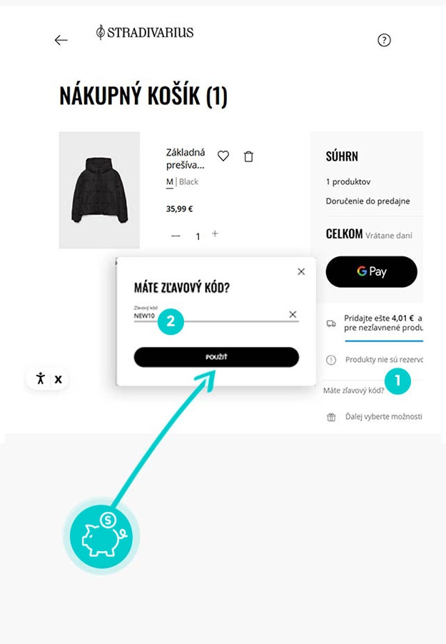 Návod ako uplatniť zľavový kód v košíku e-shopu Stradivarius