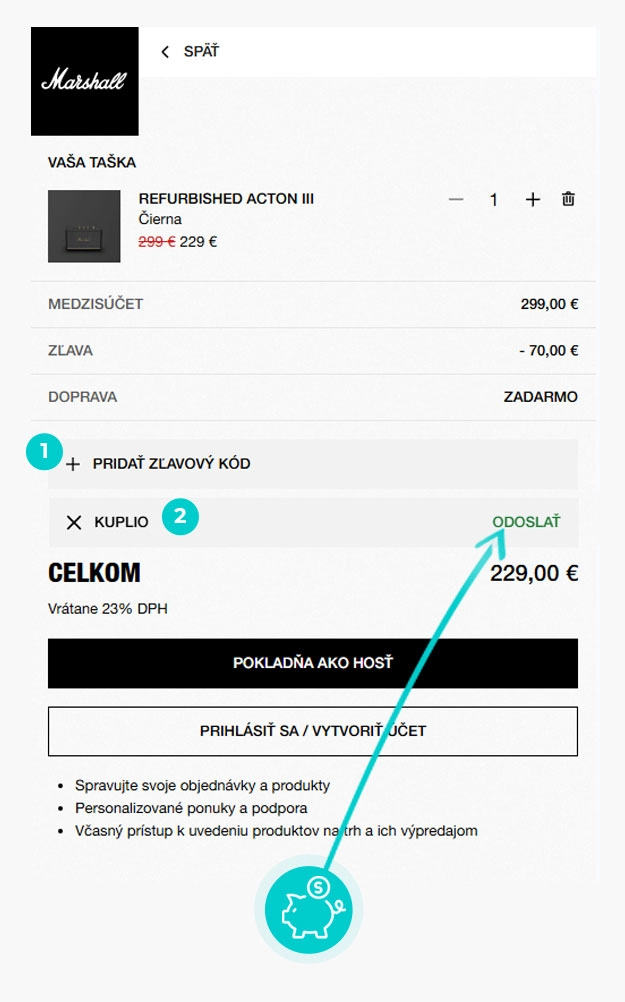 Návod ako uplatniť zľavový kód v košíku e-shopu Marshall