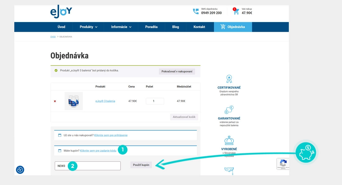 Návod ako uplatniť zľavový kód v košíku e-shopu eJoy