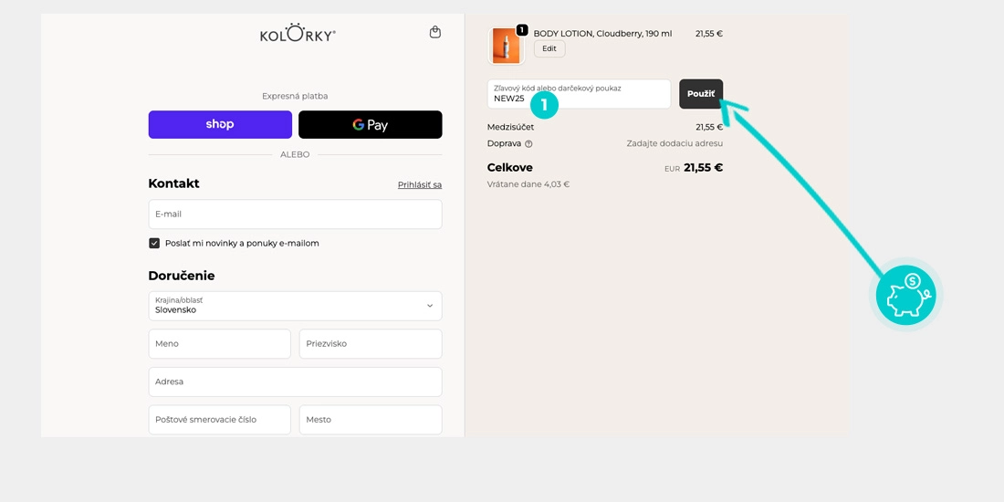 Návod ako uplatniť zľavový kód v košíku e-shopu Kolorky