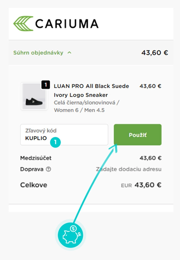 Návod ako uplatniť zľavový kód v košíku e-shopu Cariuma