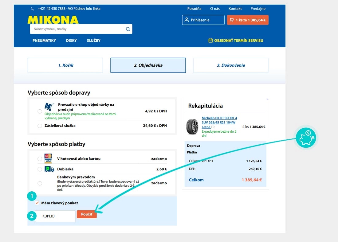 Návod ako uplatniť zľavový kód v košíku e-shopu Mikona