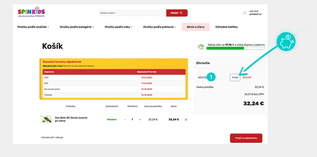 Návod ako uplatniť zľavový kód v košíku e-shopu Spinkids