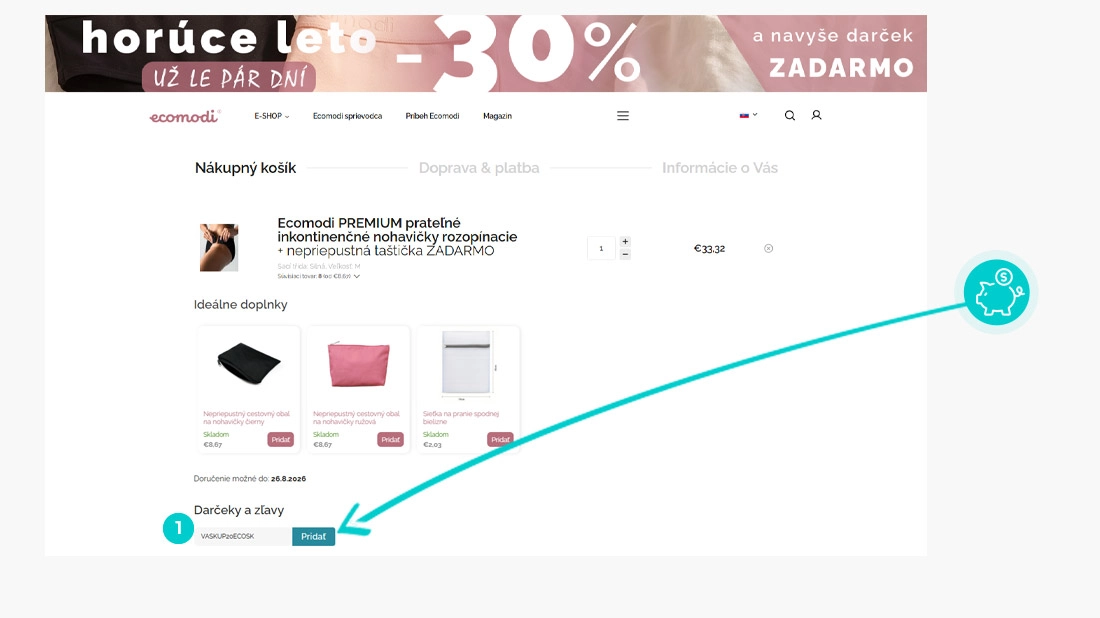 Návod ako uplatniť zľavový kód v košíku e-shopu Ecomodi