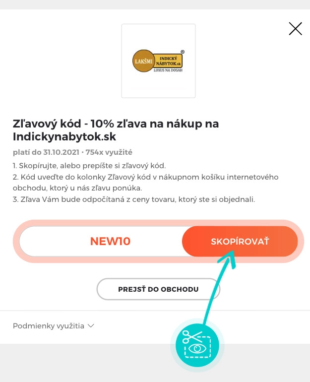 Návod ako skopírovať zľavový kód Indický nábytok