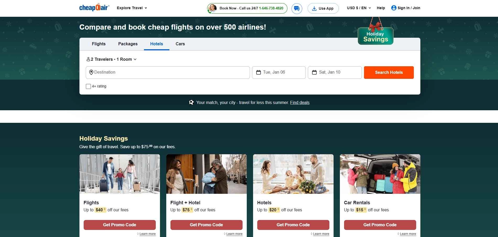 homepage CheapOair rezervácia leteniek ubytovania auta