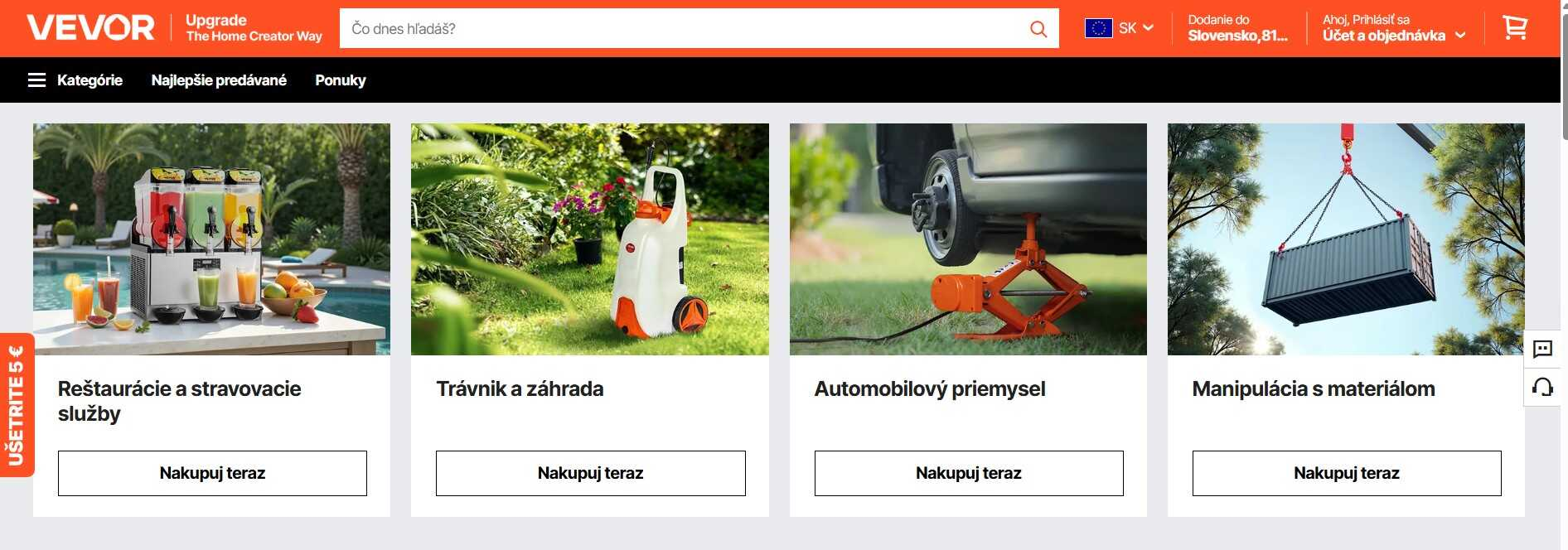 homepage Vevor s ponukou zariadení pre priemysel a osobné použitie
