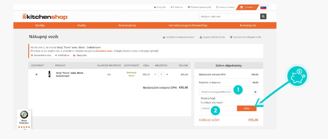 Návod ako uplatniť zľavový kód v košíku e-shopu KitchenShop