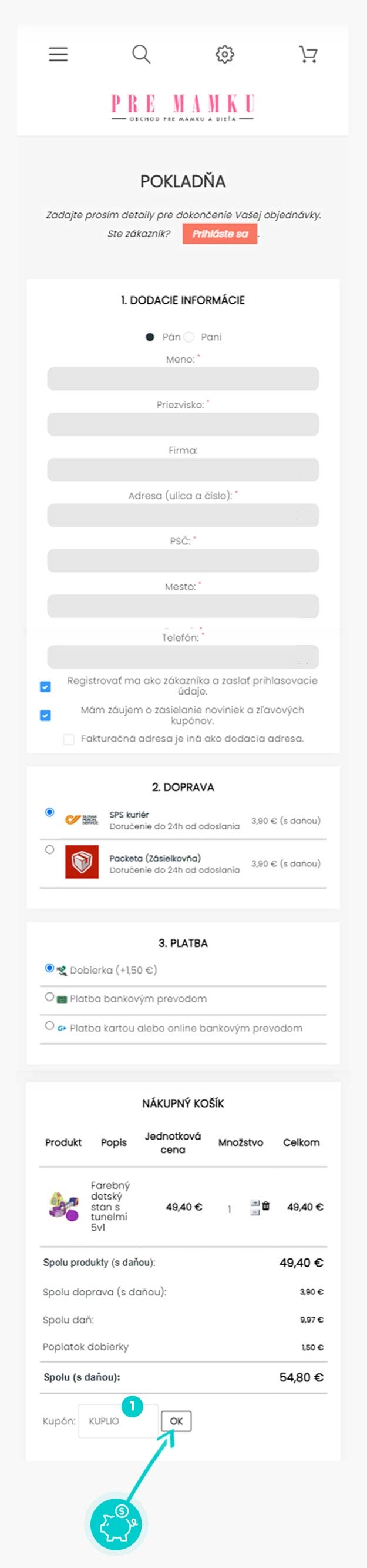 Návod ako uplatniť zľavový kód v košíku e-shopu PreMamku