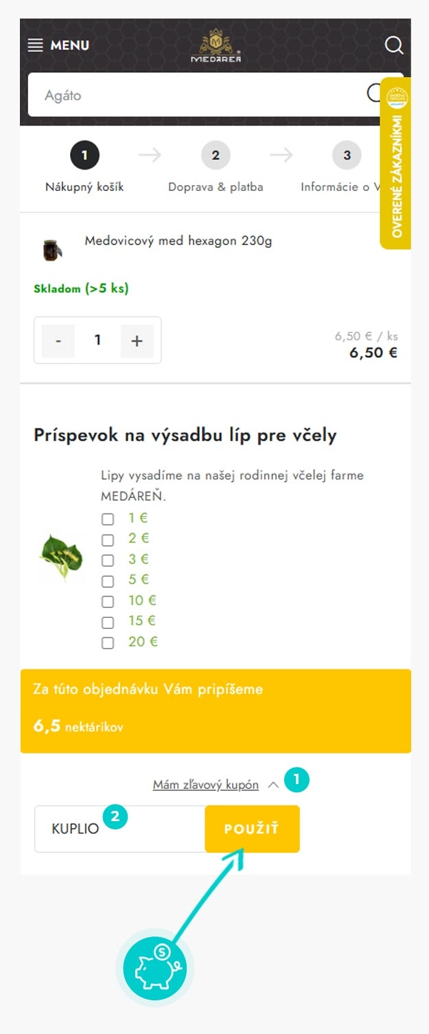 Návod ako uplatniť zľavový kód v košíku e-shopu Medáreň