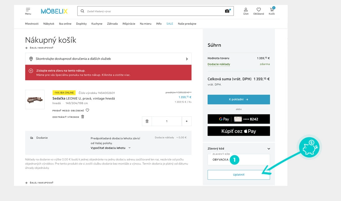 Návod ako uplatniť zľavový kód v košíku e-shopu Möbelix