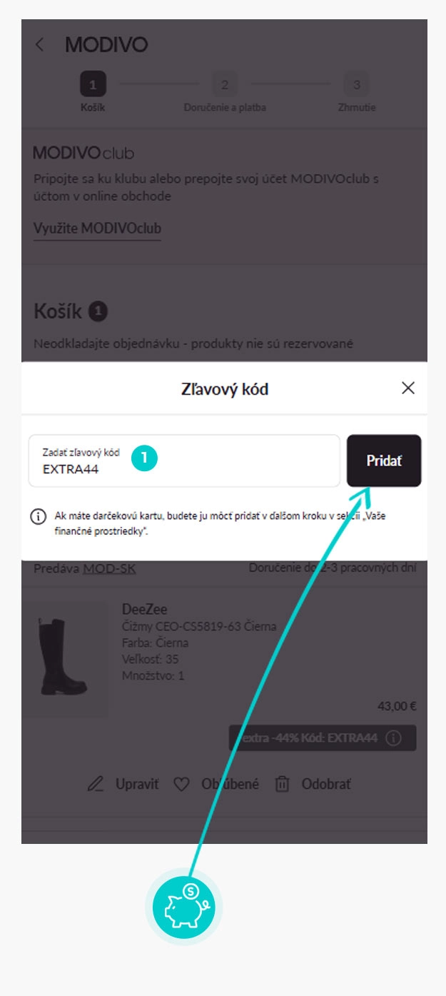 Návod ako uplatniť zľavový kód v košíku e-shopu Modivo