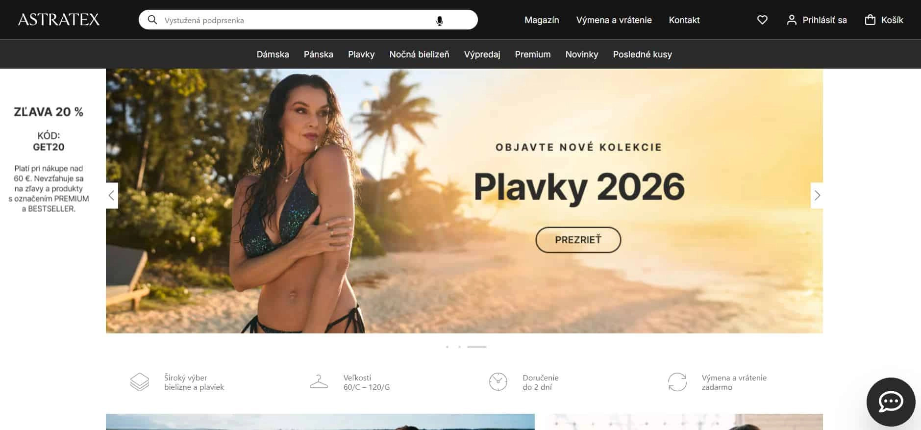 homepage eshopu Astratex so ženou v novej kolekcii plaviek