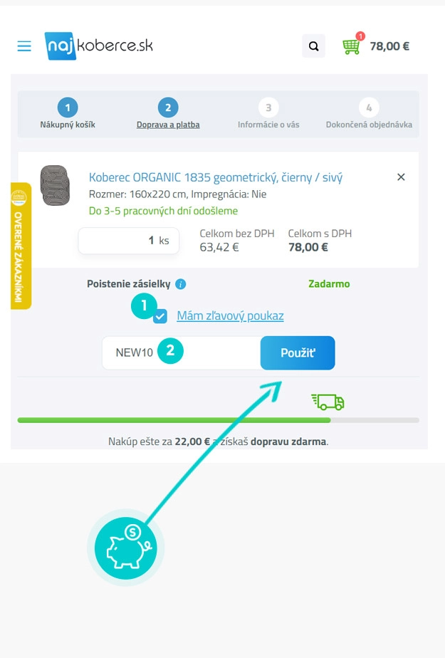 Návod ako uplatniť zľavový kód v košíku e-shopu NajKoberce