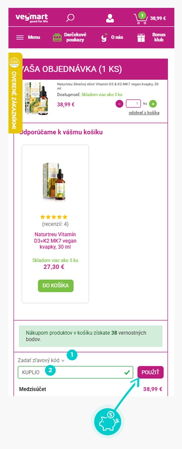 Návod ako uplatniť zľavový kód v košíku e-shopu Vegmart