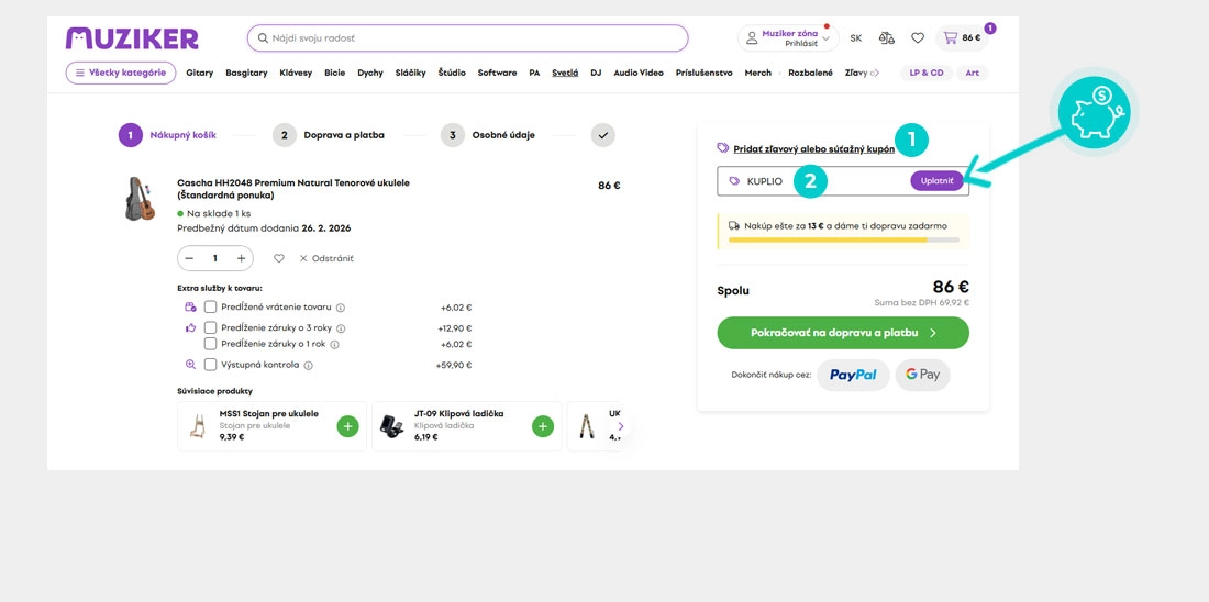 Návod ako uplatniť zľavový kód v košíku e-shopu Muziker
