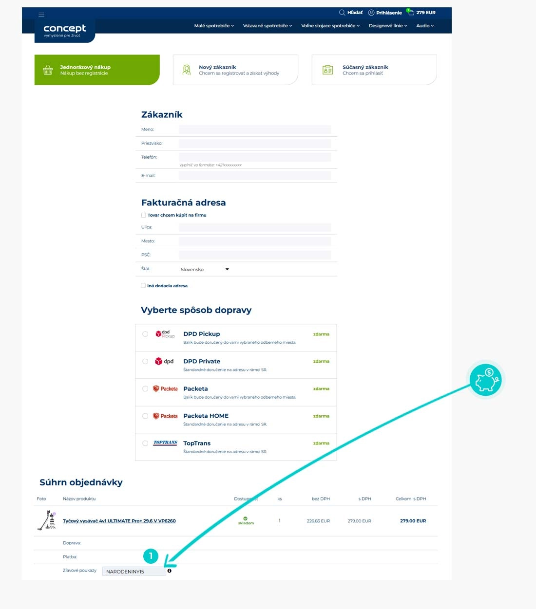 Návod ako uplatniť zľavový kód v košíku e-shopu Concept