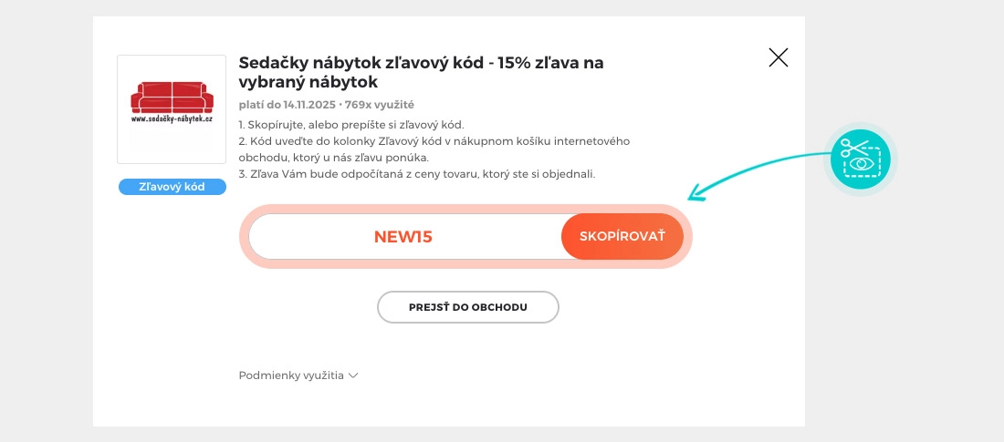 Návod ako skopírovať zľavový kód Sedačky nábytok