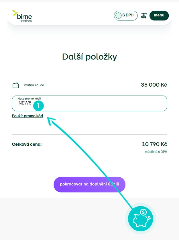 Návod ako uplatniť zľavový kód v košíku e-shopu Birne by Direct