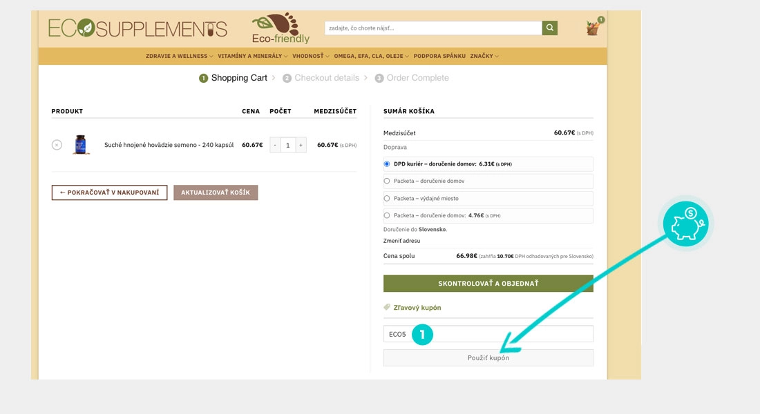Návod ako uplatniť zľavový kód v košíku e-shopu Eco Supplements