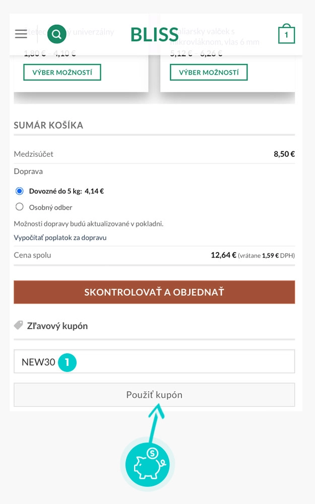 Návod ako uplatniť zľavový kód v košíku e-shopu Bliss