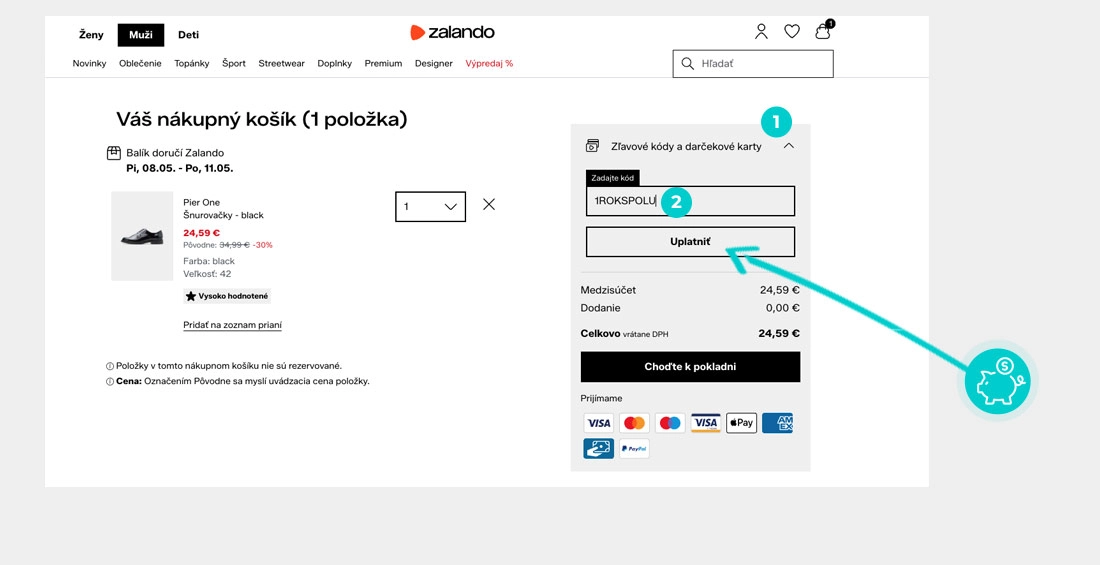 Návod ako uplatniť zľavový kód v košíku e-shopu Zalando