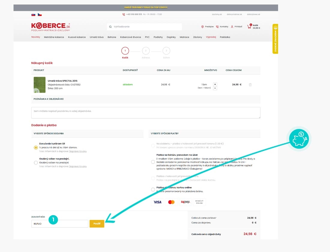 Návod ako uplatniť zľavový kód v košíku e-shopu Koberce.sk
