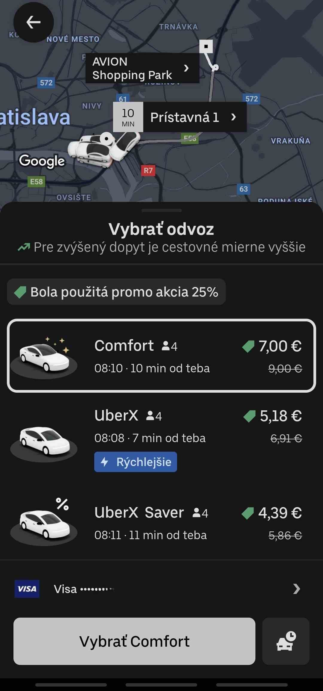 rezervovanie cesty od Uber