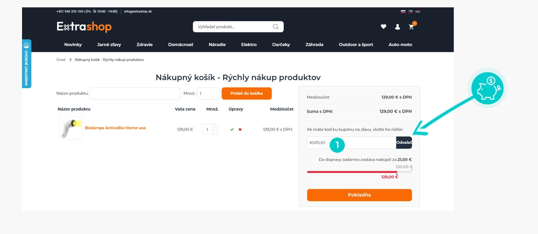 Návod ako uplatniť zľavový kód v košíku e-shopu Extrashop
